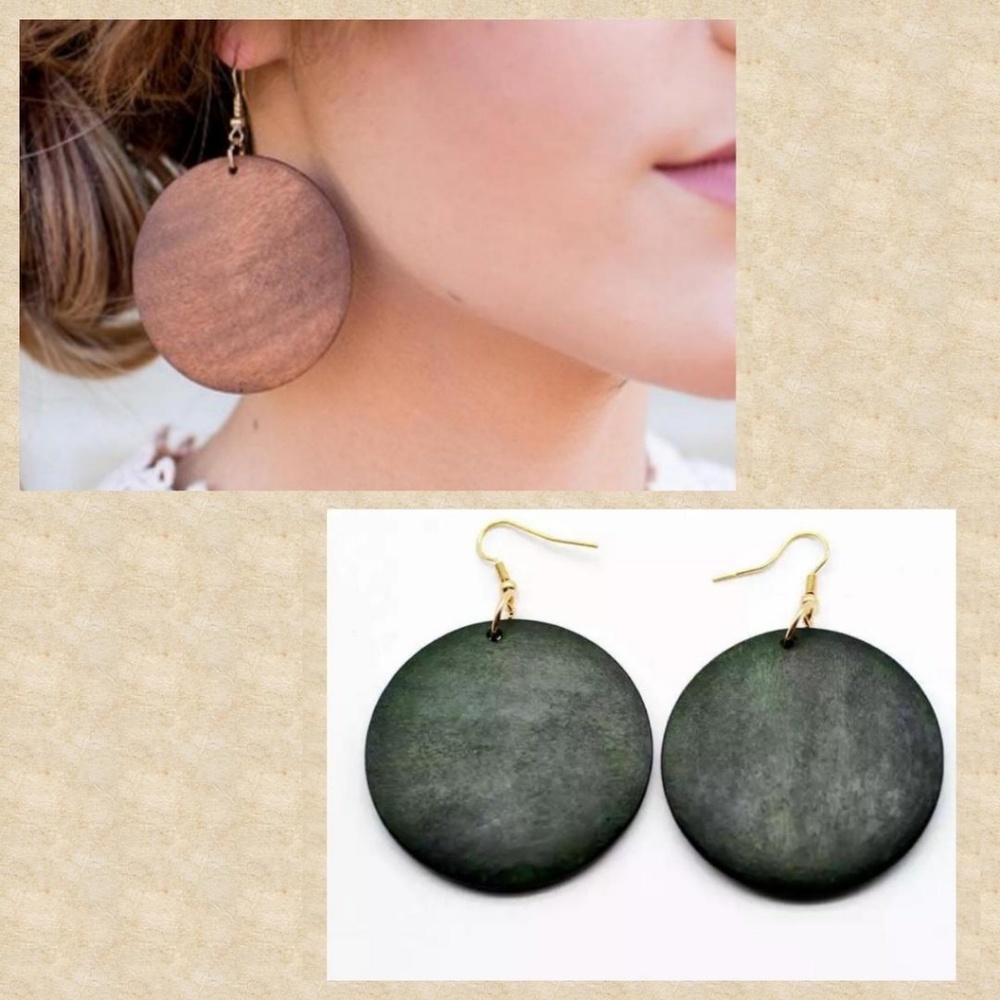 Wood Circle Dangle Earrings in Olive & Brown!